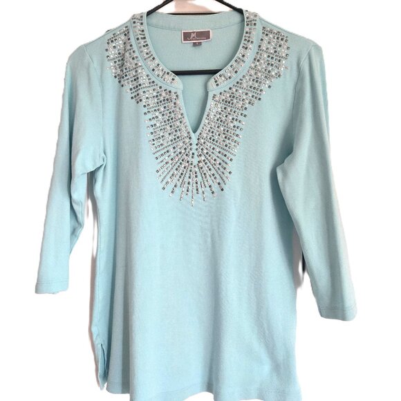 JM Collection Women Light Blue & shiny silver applications Top 3/4 lengh sleve S - Picture 1 of 3